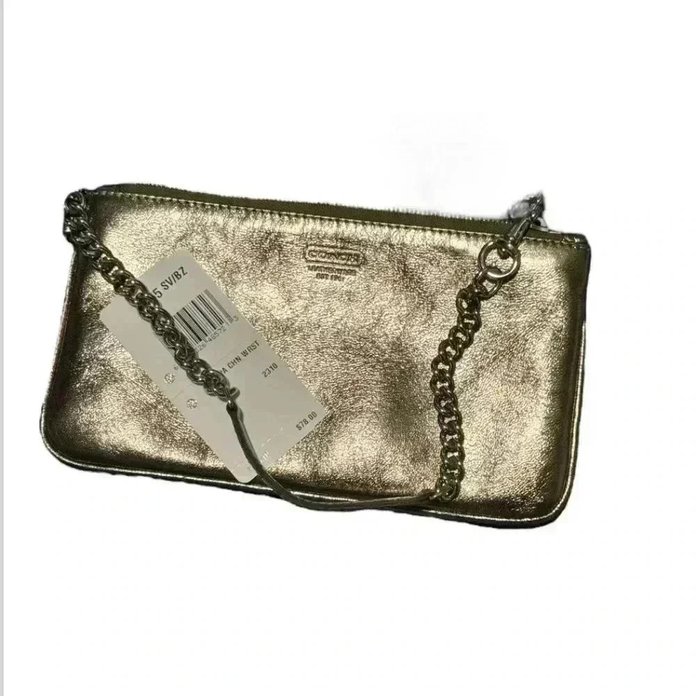 Coach Wristlet Clutch With Gold Chain Metallic Leather